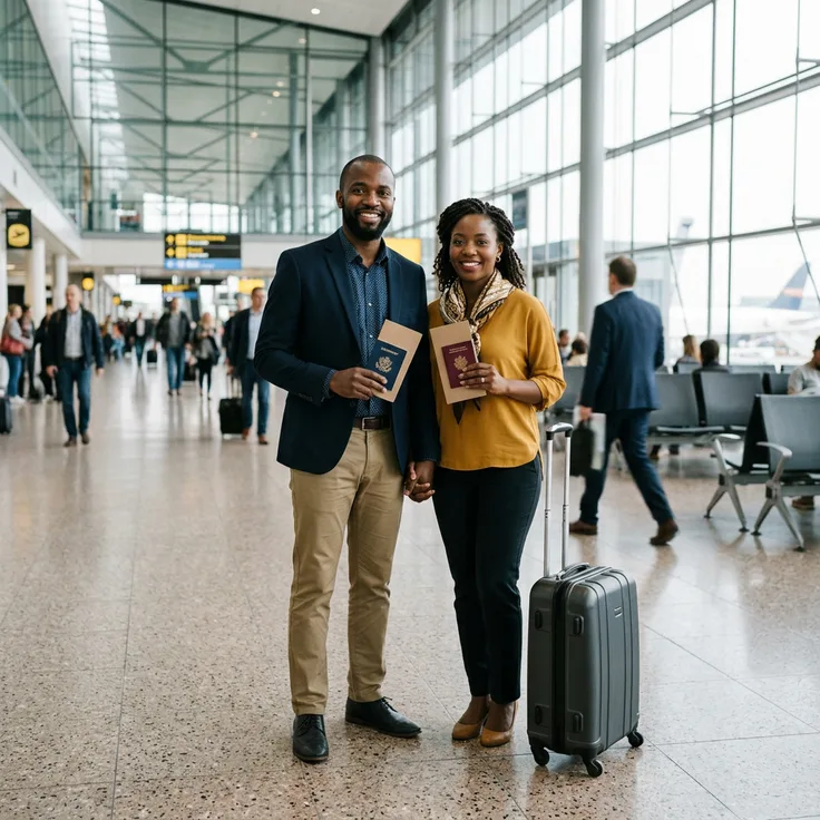 Un couple de voyageurs avec passeports et dossier dans un aéroport
