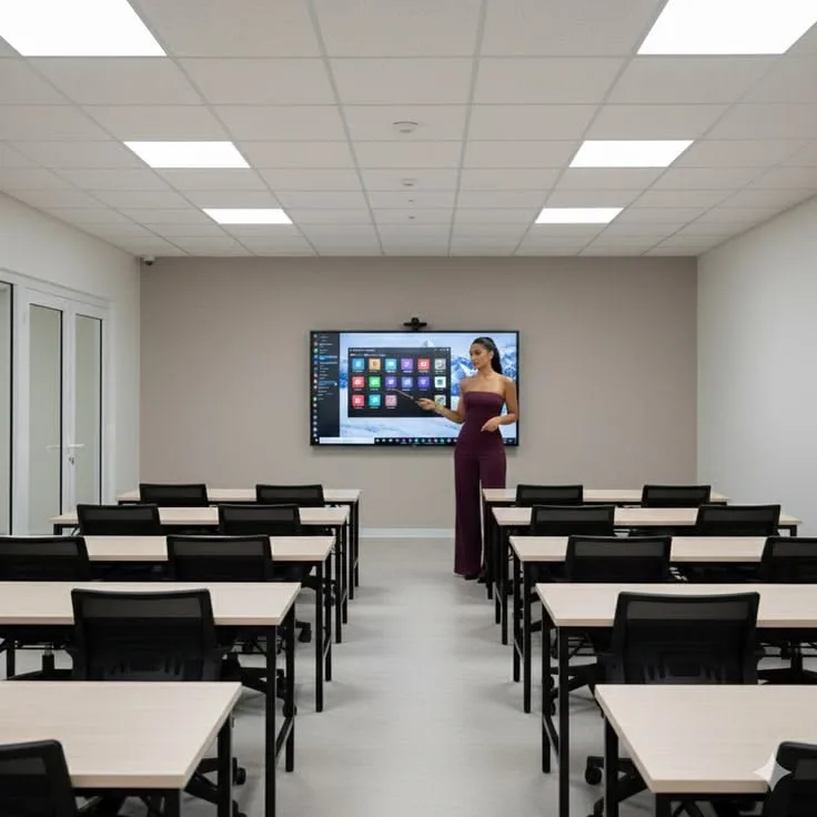 Salle de cours équipée d’un grand écran, prête pour une session en présentiel