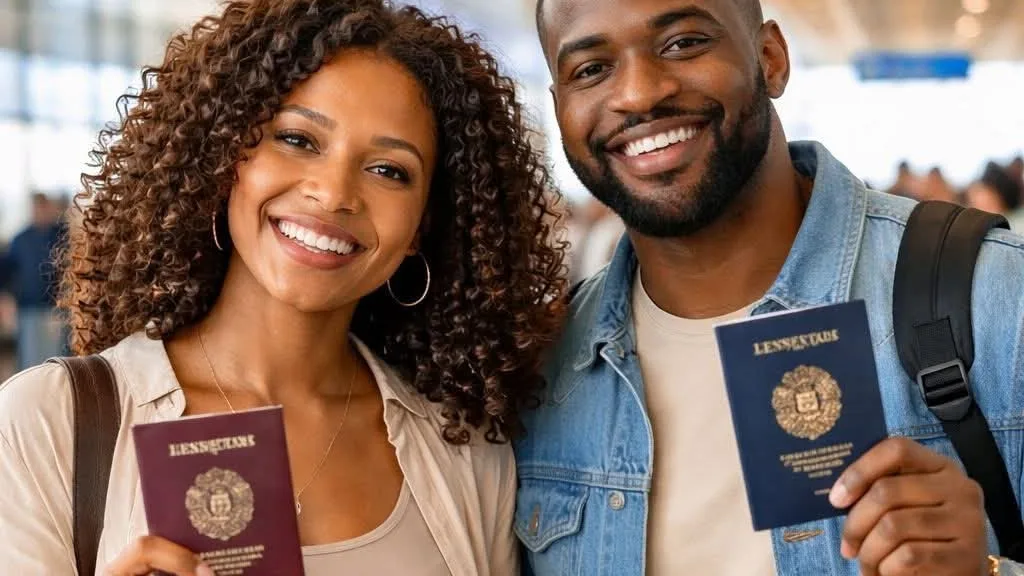 Un couple de voyageurs présente ses passeports dans un aéroport